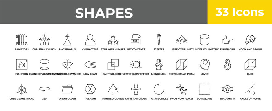 outline shapes icons set - windshield washer, 360, angle of acute. editable vector for web and mobile ui
