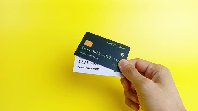 Hand holding black and white credit cards on yellow background. Financial concept for bank payment, credit and debit cards.

