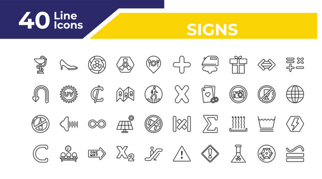 outline signs icons set - u turn, no alcohol, is a sub of. editable vector for web and mobile ui