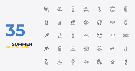 outline summer icons set - seashell, jellyfish, milkshake. editable vector for web and mobile ui © IconArt