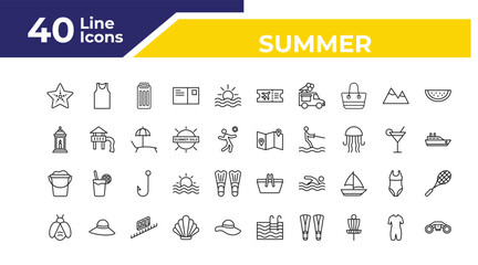outline summer icons set - lantern, sand bucket, firefly. editable vector for web and mobile ui © IconArt