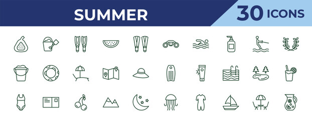 outline summer icons set - sea scooter, sand bucket, swimsuit. editable vector for web and mobile ui © IconArt