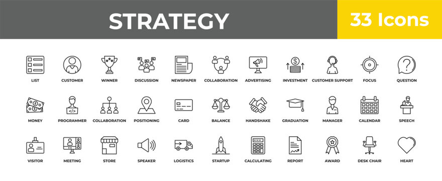 outline strategy icons set - collaboration, meeting, heart. editable vector for web and mobile ui