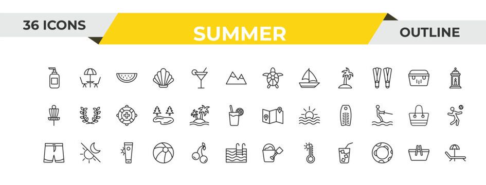 outline summer icons set - sea turtle, island, sunscreen. editable vector for web and mobile ui