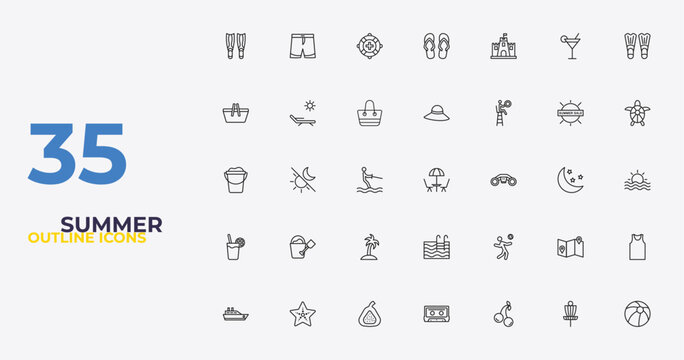 outline summer icons set - pamela hat, beach volleyball, beach ball. editable vector for web and mobile ui