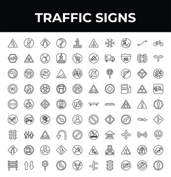 outline traffic signs icons set - degree curve road, prohibited way, barrier. editable vector for web and mobile ui