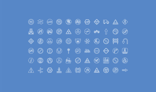 outline traffic signs icons set - degree curve road, nuclear, crossroad. editable vector for web and mobile ui