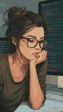 Young Female Software Developer Working on Computer Code Illustration