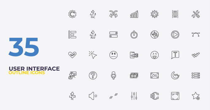 outline user interface icons set - on off power button, photo size, add to favorite. editable vector for web and mobile ui
