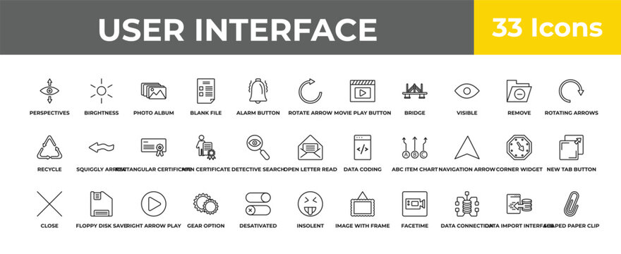 outline user interface icons set - rectangular certificate, floppy disk save button, shaped paper clip. editable vector for web and mobile ui