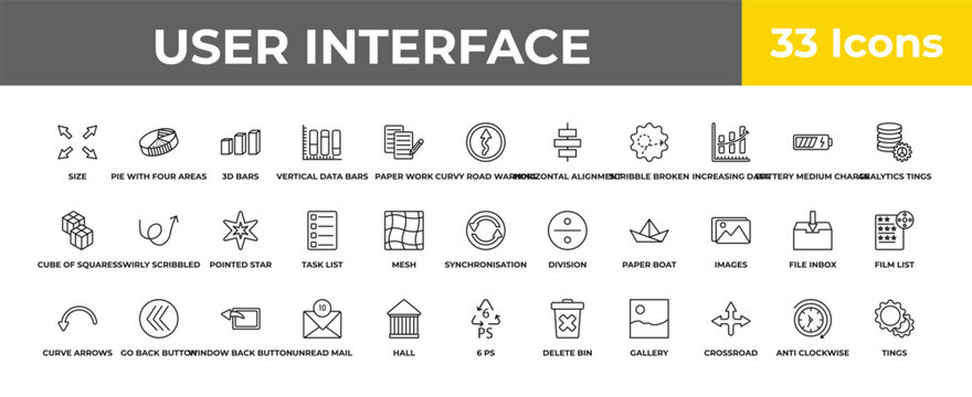 outline user interface icons set - pointed star, go back button, tings. editable vector for web and mobile ui