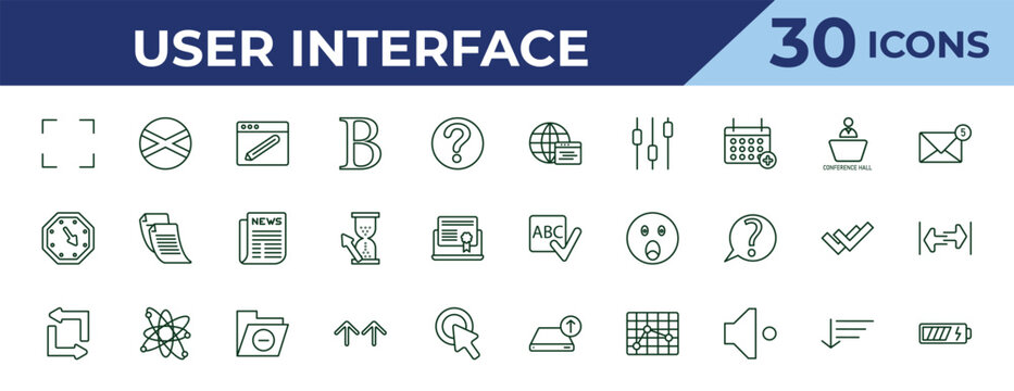 outline user interface icons set - window interface, corner widget, replay arrows. editable vector for web and mobile ui