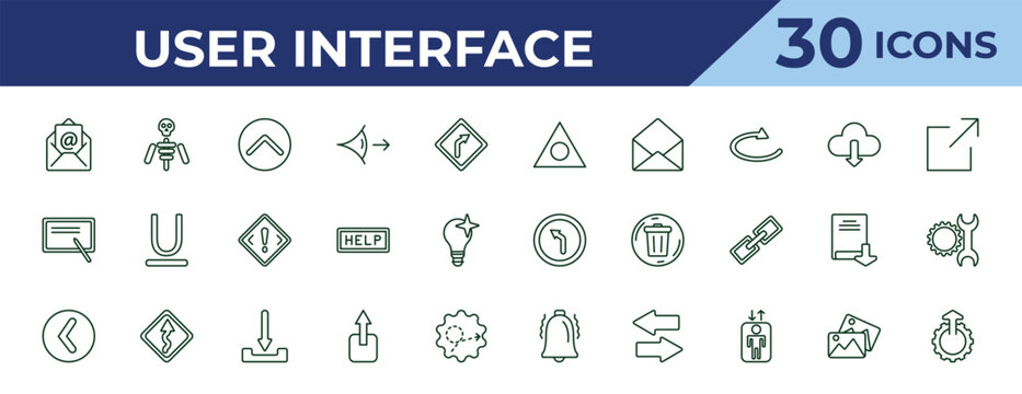 outline user interface icons set - triangular, blackboard with, round left button. editable vector for web and mobile ui