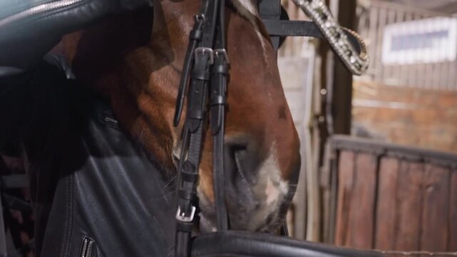 White trainer fitting curb bit and rein assembly against bay horse muzzle, careful hands shaping noseband, emphasis on comfort, measured breaths, subtle bond and professional focus
