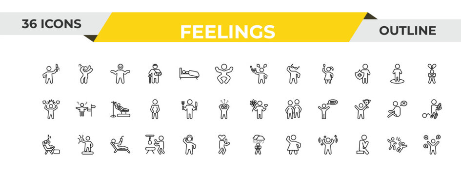 outline feelings icons set - annoyed human, hungry human, relaxed human. editable vector for web and mobile ui