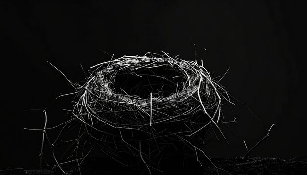 Empty Bird Nest on Black Background, Delicate Twigs and Straw.