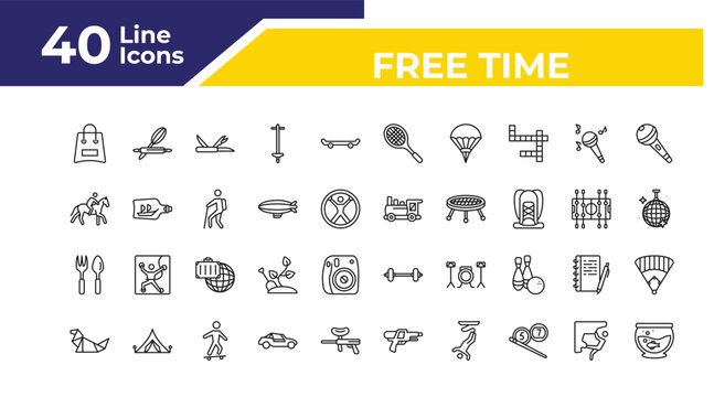 outline free time icons set - riding, gardening tools, origami. editable vector for web and mobile ui