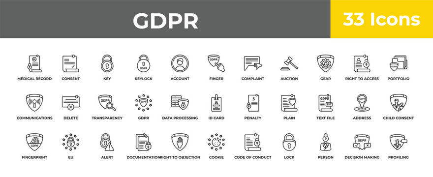 outline gdpr icons set - transparency, eu, profiling. editable vector for web and mobile ui