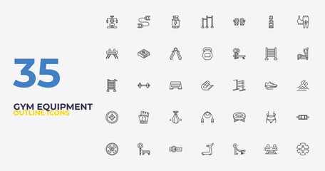 outline gym equipment icons set - kettlebells, jumping equipment, barrels. editable vector for web and mobile ui © IconArt