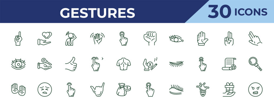 outline gestures icons set - hand gesture, watch dark eye, deaf. editable vector for web and mobile ui