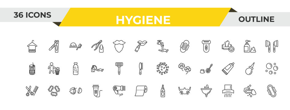 outline hygiene icons set - ablution, shaving razor, lens. editable vector for web and mobile ui