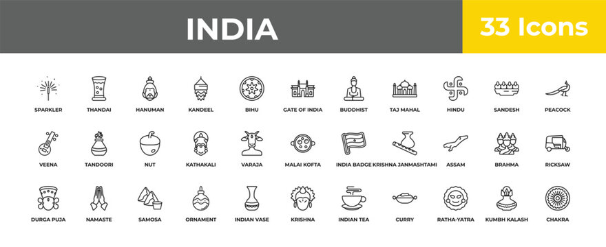 outline india icons set - nut, namaste, chakra. editable vector for web and mobile ui