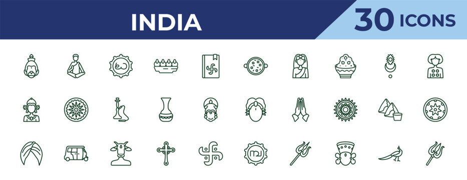 outline india icons set - tikka masala, indra, turban. editable vector for web and mobile ui