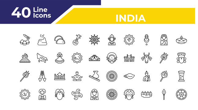 outline india icons set - yagna, shaivism, marathi language. editable vector for web and mobile ui