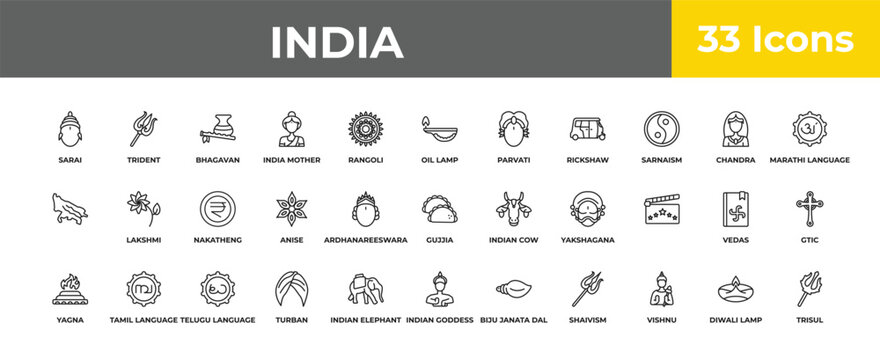 outline india icons set - nakatheng, tamil language, trisul. editable vector for web and mobile ui