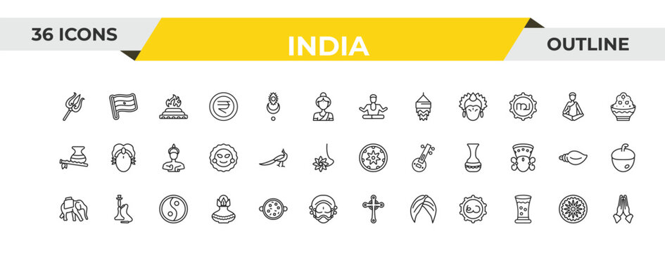 outline india icons set - brahman, peacock, sarnaism. editable vector for web and mobile ui