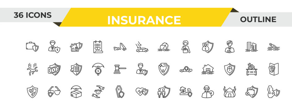 outline insurance icons set - sinking, legal expenses, delivery insurance. editable vector for web and mobile ui