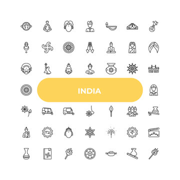 outline india icons set - yakshagana, tuk tuk, sparkler. editable vector for web and mobile ui