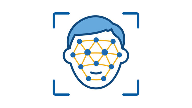 Facial recognition technology vector icon illustration featuring a stylized human face outline with a biometric grid mesh for identity verification, security authentication, and AI scanning.
