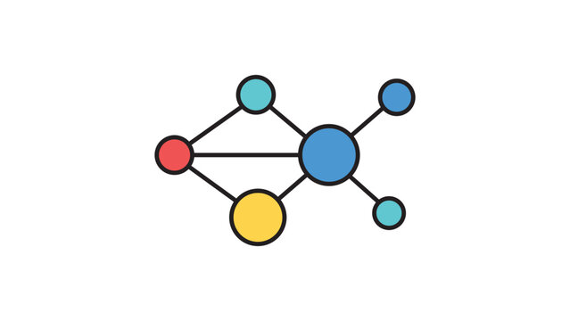 Knowledge Graph Vector Icon Illustration featuring colorful connected nodes and circles on a white background. Modern flat design with editable stroke for data, networking, and social connections.