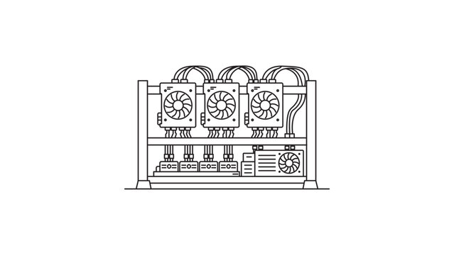 Cryptocurrency Mining Rig with Graphics Cards and Cooling Fans, Minimalist Black Line Vector Icon with Editable Stroke, Scalable Illustration for Blockchain Technology and Digital Finance Design.