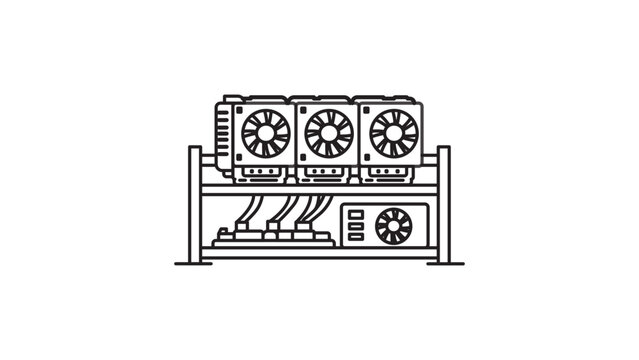 Minimalist Cryptocurrency Mining Rig Vector Icon with Editable Stroke. Clean Black Line Illustration of GPU Farm Rack on White Background. Scalable SVG for Blockchain and Technology Projects.