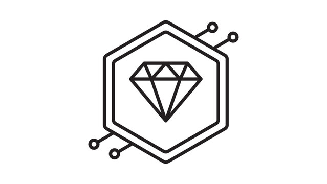 NFT Token Digital Asset Vector Icon with Diamond in Hexagon, Minimalist Black Line Illustration on White Background, Editable Stroke for Customizable Line Weight, Blockchain Technology Graphic.