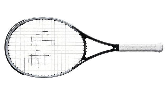 Black tennis racket with white grip, isolated on transparent background