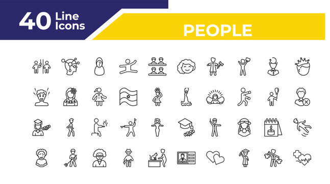outline people icons set - surprised man, graduated student, pierrot. editable vector for web and mobile ui