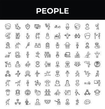 outline people icons set - men carrying a box, man celebrating, person listening. editable vector for web and mobile ui