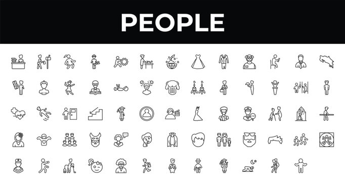 outline people icons set - baby changing, vertical, man vacuuming. editable vector for web and mobile ui