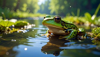 Obraz premium A vibrant, detailed close-up of a green frog sitting in shallow water. Sunlight streams through the foliage behind, creating a bright, natural scene
