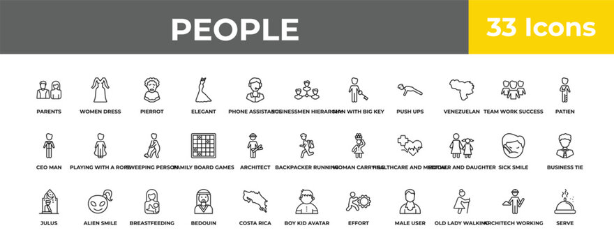outline people icons set - sweeping person, alien smile, serve. editable vector for web and mobile ui