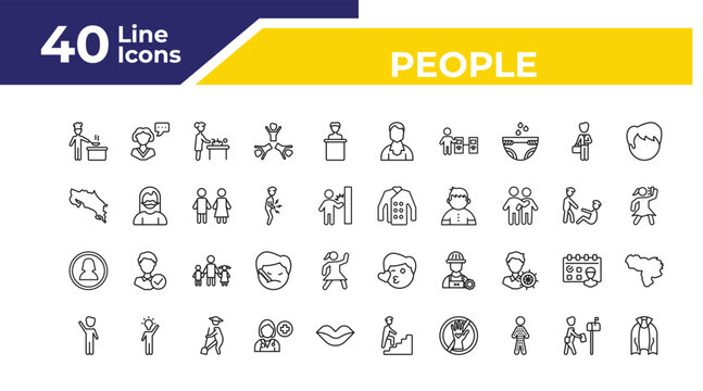 outline people icons set - costa rica, woman profile, waving goodbye. editable vector for web and mobile ui