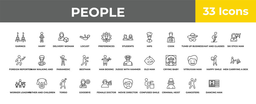 outline people icons set - paramedic, father and children, identification ard. editable vector for web and mobile ui