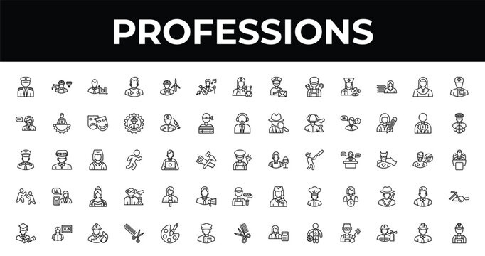 outline professions icons set - musician, driver, hairdresser. editable vector for web and mobile ui