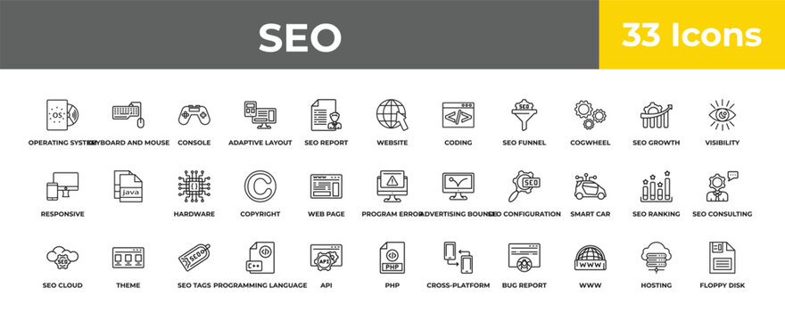outline seo icons set - hardware, theme, floppy disk. editable vector for web and mobile ui