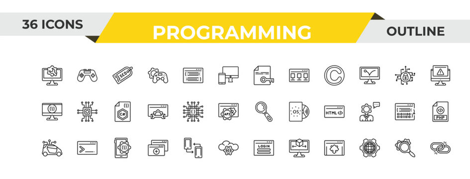 outline programming icons set - encripted file, hardware, mobile development. editable vector for web and mobile ui