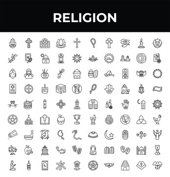 outline religion icons set - olive branch, pastafarianism, muslim man praying. editable vector for web and mobile ui