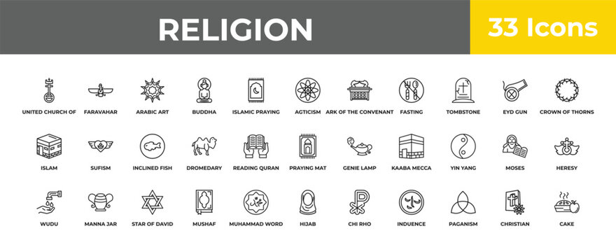 outline religion icons set - inclined fish, manna jar, cake. editable vector for web and mobile ui